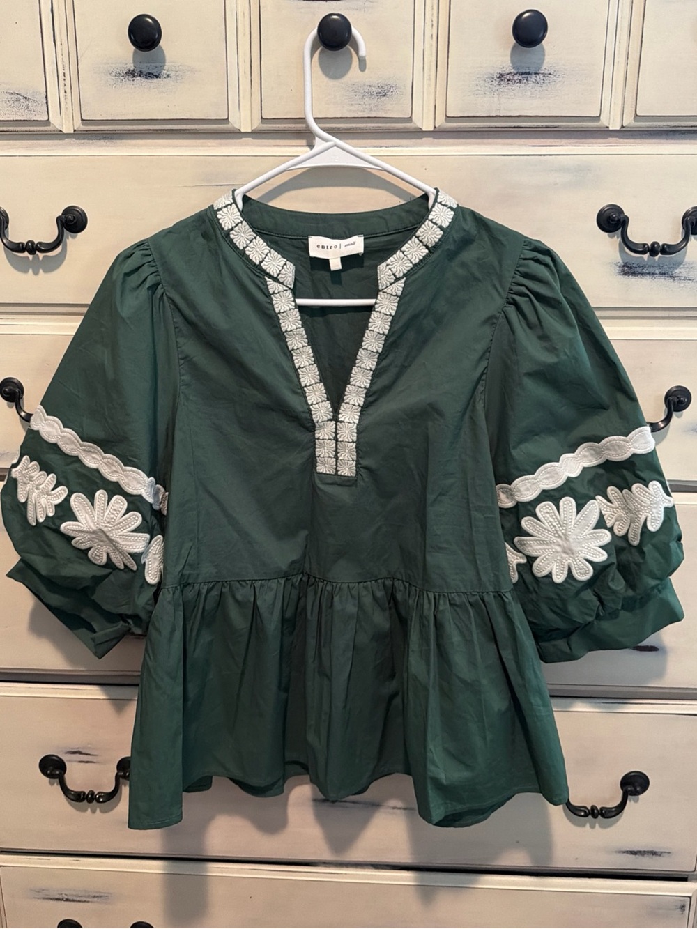 Adorable Entro Sweet Moments Green Floral Baby Doll Shirt Boho Top Puff Sleeves